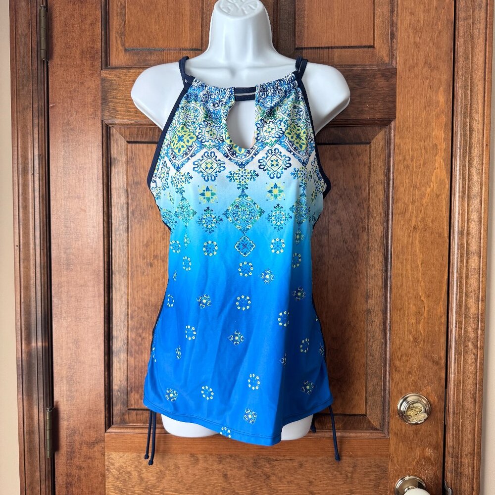 Free Country Blue Ombre w/Green & White Tankini Top Large (12/14)